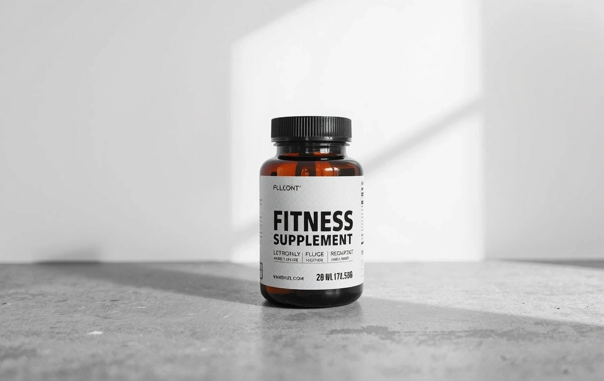 Botol suplemen FitFuel di atas permukaan beton